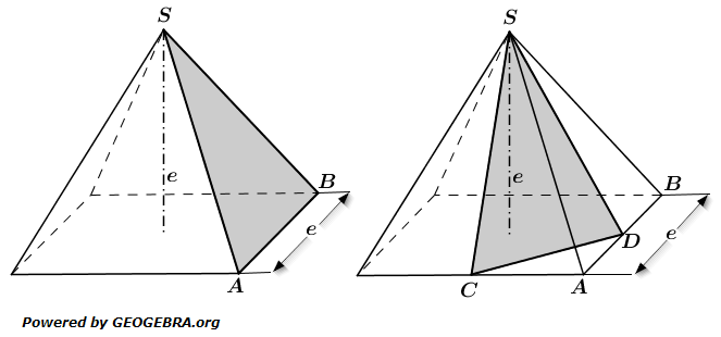 Eine quadratische Pyramide ist zweimal abgebildet. (Realschulabschluss Quadratische Pyramiden Wahlteil W2b/2016/© by www.fit-in-mathe-online.de)