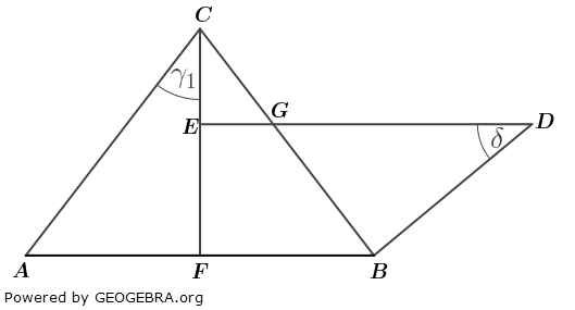 Das gleichschenklige Dreieck ABC und das rechtwinklige FBDE Trapez überdecken sich teilweise. (Realschulabschluss Wahlteilaufgaben Trigonometrie Aufgabengraphik B23A101/© by www.fit-in-mathe-online.de)