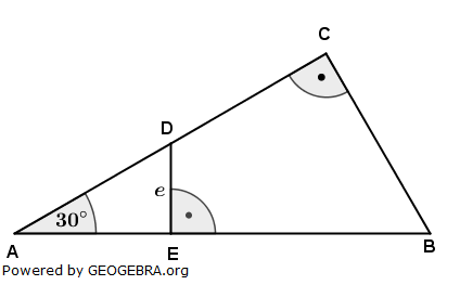 Im rechtwinkligen Dreieck ABC ist D der Mittelpunkt der Seite AC. (Realschulabschluss Wahlteilaufgaben Trigonometrie Aufgabengraphik W1b2007/© by www.fit-in-mathe-online.de)