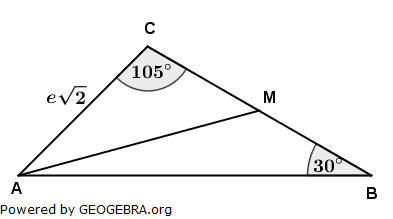 Gegeben ist das Dreieck ABC. Der Punkt M halbiert die Strecke BC. (Realschulabschluss Wahlteilaufgaben Trigonometrie Aufgabengraphik W1b2008/© by www.fit-in-mathe-online.de)
