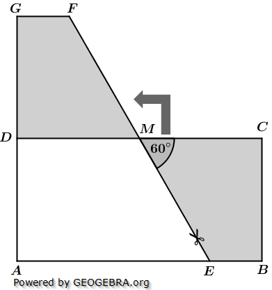 Von einem rechteckigen Blatt Papier wird entlang der gestrichelten Linie ein Stück abgeschnitten und an anderer Stelle angelegt (siehe Skizze). (Realschulabschluss Wahlteilaufgaben Trigonometrie Aufgabengraphik W1b2015/© by www.fit-in-mathe-online.de)