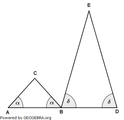 Auf der Geraden AD liegen die Dreiecke ABC und BDE. (Realschulabschluss Pflichtteilaufgaben Trigonometrie Aufgabengraphik P62005/© by www.fit-in-mathe-online.de)