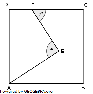 Im Quadrat ABCD liegt der Streckenzug AEF. (Realschulabschluss Pflichtteilaufgaben Trigonometrie Aufgabengraphik P12006/© by www.fit-in-mathe-online.de)