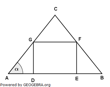 Gegeben ist ein gleichschenkliges Dreieck ABC mit einem einbeschriebenen Rechteck DEFG. (Realschulabschluss Pflichtteilaufgaben Trigonometrie Aufgabengraphik P12009/© by www.fit-in-mathe-online.de)