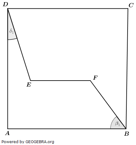 Im Quadrat ABCD liegt der Streckenzug DEFB. (Realschulabschluss Pflichtteilaufgaben Trigonometrie Aufgabengraphik P12020/© by www.fit-in-mathe-online.de)