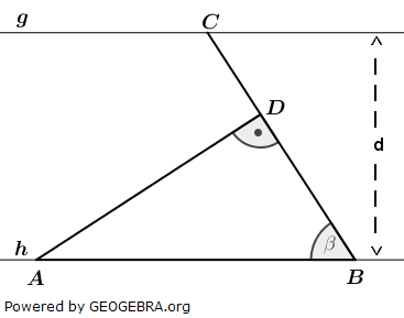 Die Eckpunkte des Dreiecks ABC liegen auf den Parallelen g und h. (Realschulabschluss Pflichtteilaufgaben Trigonometrie Aufgabengraphik P22020) Die Eckpunkte des Dreiecks ABC liegen auf den Parallelen g und h. (Realschulabschluss Pflichtteilaufgaben Trigonometrie Aufgabengraphik P22020/© by www.fit-in-mathe-online.de)