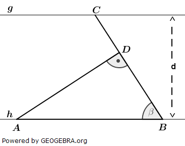 Die Eckpunkte des Dreiecks ABC liegen auf den Parallelen g und h. (Realschulabschluss Pflichtteilaufgaben Trigonometrie Aufgabengraphik P22020/© by www.fit-in-mathe-online.de)