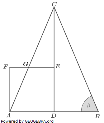 Das gleichschenklige Dreieck ABC und das Quadrat ADEF überdecken sich teilweise.. (Realschulabschluss Pflichtteilaufgaben Trigonometrie Aufgabengraphik P210101/© by www.fit-in-mathe-online.de)