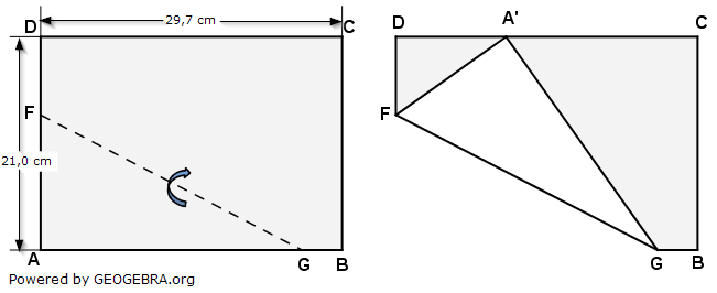 Ein DIN-A4-Blatt mit den Eckpunkten A, B, C und D wird entlang von FG gefaltet. (Realschulabschluss Wahlteilaufgaben Trigonometrie Aufgabengraphik W1b2019/© by www.fit-in-mathe-online.de)