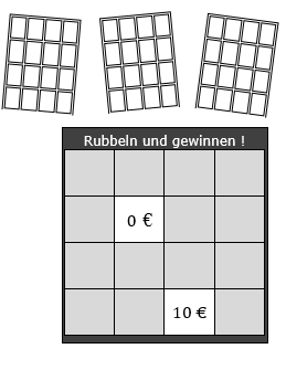 Ben, Laura und Emma besitzen jeweils ein Rubbel-Los. Auf jedem Los befinden sich 16 Felder. (Realschulabschluss Pflichtteilaufgaben Zufall und Wahrscheinlichkeit Aufgabengraphik P6/2020) Ben, Laura und Emma besitzen jeweils ein Rubbel-Los. Auf jedem Los befinden sich 16 Felder. (Realschulabschluss Pflichtteilaufgaben Zufall und Wahrscheinlichkeit Aufgabengraphik P6/2020 / © by www.fit-in-mathe-online.de)