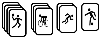 Zehn gleich große Karten sind mit vier verschiedenen Symbolen (Handball, Radfahren, Laufen, Fußball) bedruckt. (Realschulabschluss Wahlteilaufgaben Zufall und Wahrscheinlichkeit Aufgabengraphik W213a01/© by www.fit-in-mathe-online.de)
