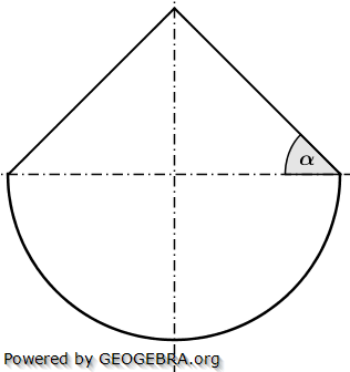 Ein Körper besteht aus einer Halbkugel und einem aufgesetzten Kegel mit α=45°(siehe Achsenschnitt). (Realschulabschluss Zusammengesetzte Körper Aufgabengraphik Pflichtteilaufgabe P1/2003/© by www.fit-in-mathe-online.de)