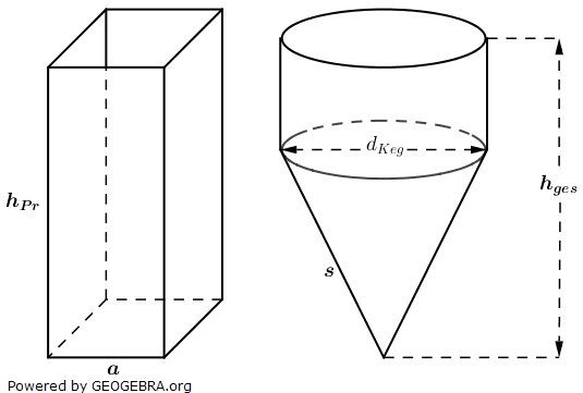 Ein Körper setzt sich aus einem halben Zylinder und einer quadratischen Pyramide zusammen. (Realschulabschluss Zusammengesetzte Körper Aufgabengraphik Pflichtteilaufgabe P3/2018/© by www.fit-in-mathe-online.de)
