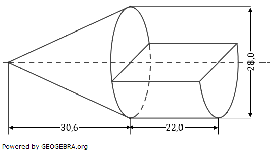 Ein Werkstück besteht aus einem Kegel und einem halben Zylinder. Berechnen Sie den Oberflächeninhalt des Werkstücks. (Realschulabschluss Zusammengesetzte Körper Aufgabengraphik Pflichtteilaufgabe P3/2020/© by www.fit-in-mathe-online.de)