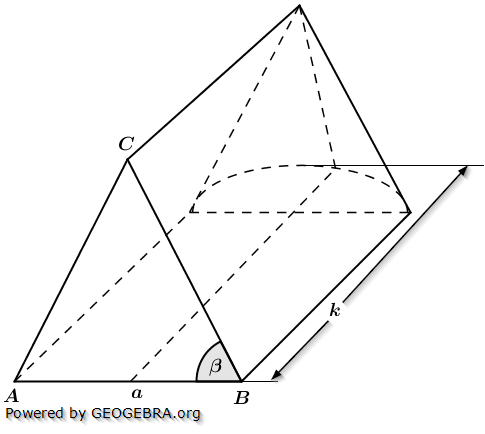 Ein zusammengesetzter Körper besteht aus einem gleichschenkligen Dreiecksprisma und einem halben Kegel. (Realschulabschluss Zusammengesetzte Körper Aufgabengraphik Wahlteilaufgabe W2b/2015/© by www.fit-in-mathe-online.de)