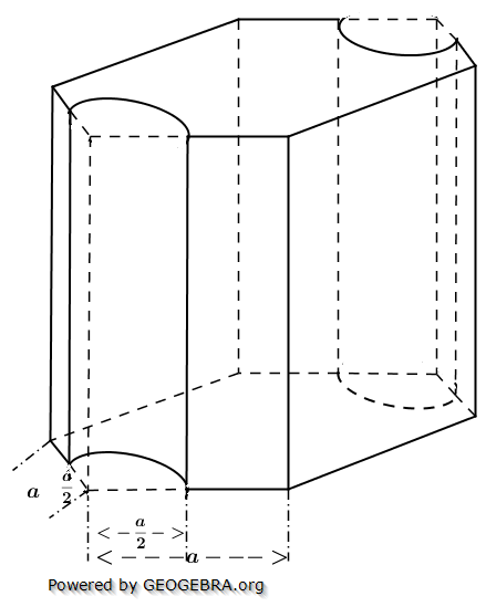 Von einem regelmäßigen sechsseitigen Prisma sind bekannt: (Realschulabschluss Zusammengesetzte Körper Aufgabengraphik Übungsaufgabe A03/© by www.fit-in-mathe-online.de)