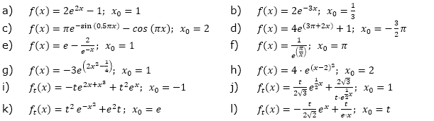 Bestimme den exakten Wert der Steigung des Graphen von f an der Stelle x0. (Grafik A220201 im Aufgabensatz 2 Blatt 2/2 Fortgeschritten zur Ableitung der Exponentialfunktion /© by www.fit-in-mathe-online.de)
