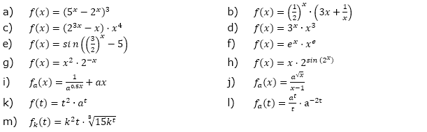 Bestimme die 1. und 2. Ableitung der folgenden Funktionsgleichungen: (Grafik A320101 im Aufgabensatz 1 Blatt 3/2 Fortgeschritten zur Ableitung der Exponentialfunktion /© by www.fit-in-mathe-online.de)