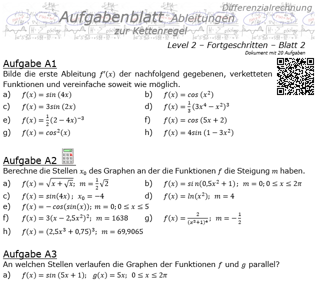 Kettenregel Aufgabenblatt Level 2 / Blatt 2 / © by Fit-in-Mathe-Online.de