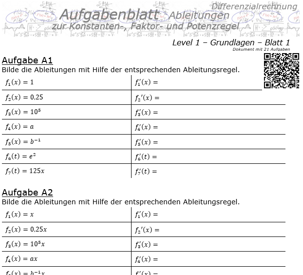 Konstanten-/Faktor-/Potenzregel Aufgabenblatt Level 1 / Blatt 1 / © by Fit-in-Mathe-Online.de