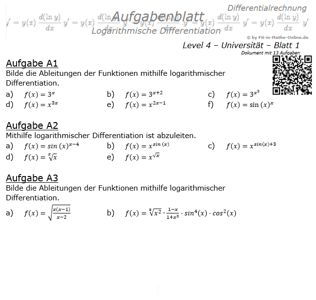 Logarithmische Differentiation Aufgabenblatt Level 4 / Blatt 1 / © by Fit-in-Mathe-Online.de
