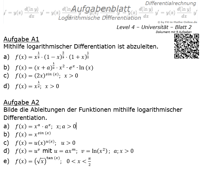 Logarithmische Differentiation Aufgabenblatt Level 4 / Blatt 2 / © by Fit-in-Mathe-Online.de