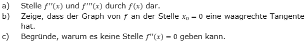 Bei einer Funktion f gilt für alle x ∈ IR; f(x) ≠ 0 ist differenzierbar und f'(x)=x⋅f(x).  (Grafik A320101 im Aufgabensatz 1 Blatt 3/2 Expert zur Produktregel bzw. Quotientenregel /© by www.fit-in-mathe-online.de)