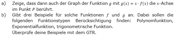 Der Graph einer Funktion f berührt die x-Achse im Punkt P(2|0).  (Grafik A320201 im Aufgabensatz 2 Blatt 3/2 Expert zur Produktregel bzw. Quotientenregel /© by www.fit-in-mathe-online.de)
