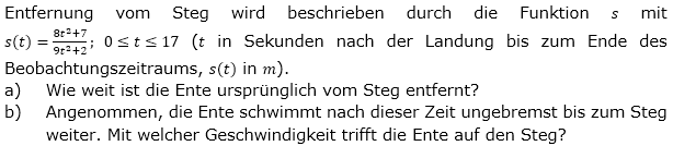 Eine Ente landet auf einem See und schwimmt in Richtung eines Stegs. (Grafik A320501 im Aufgabensatz 5 Blatt 3/2 Expert zur Produktregel bzw. Quotientenregel /© by www.fit-in-mathe-online.de)