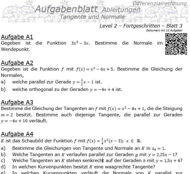 Tangente und Normale in der Differenzialrechnung Aufgabenblatt 2/3 / © by Fit-in-Mathe-Online.de