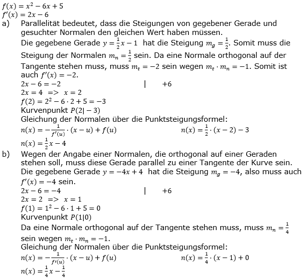 Tangente und Normale in der Differenzialrechnung. Lösungen zum Aufgabensatz 2 Blatt 2/3 Fortgeschritten Bild 1/© by www.fit-in-mathe-online.de