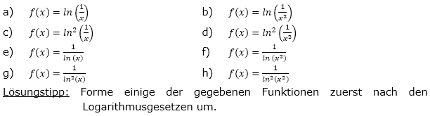 Bilde die ersten beiden Ableitungen f'(x) und f''(x) der nachfolgend gegebenen Umkehrfunktionen und vereinfache soweit wie möglich. (Grafik A210101 im Aufgabensatz 1 Blatt 2/1 Fortgeschritten zur Ableitung der Logarithmusfunktion (Umkehrregel) /© by www.fit-in-mathe-online.de)