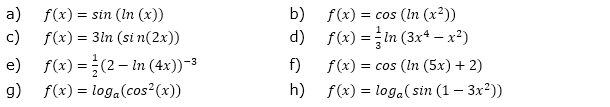 Bilde die erste Ableitung f'(x) der nachfolgend gegebenen, verketteten Logarithmusfunktionen und vereinfache soweit wie möglich. (Grafik A220101 im Aufgabensatz 1 Blatt 2/2 Fortgeschritten zur Ableitung der Logarithmusfunktion (Umkehrregel) /© by www.fit-in-mathe-online.de)