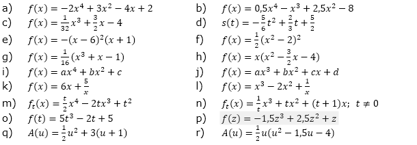 Bilde die 1. Ableitung der gegebenen Funktionsgleichungen und vereinfach so weit wie möglich. (Grafik A110101 im Aufgabensatz 1 Blatt 1/1 Grundlagen Ableitungen vermischte Aufgaben /© by www.fit-in-mathe-online.de)