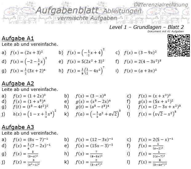 Ableitungen vermischte Aufgaben Aufgabenblatt Level 1 / Blatt 2 / © by Fit-in-Mathe-Online.de