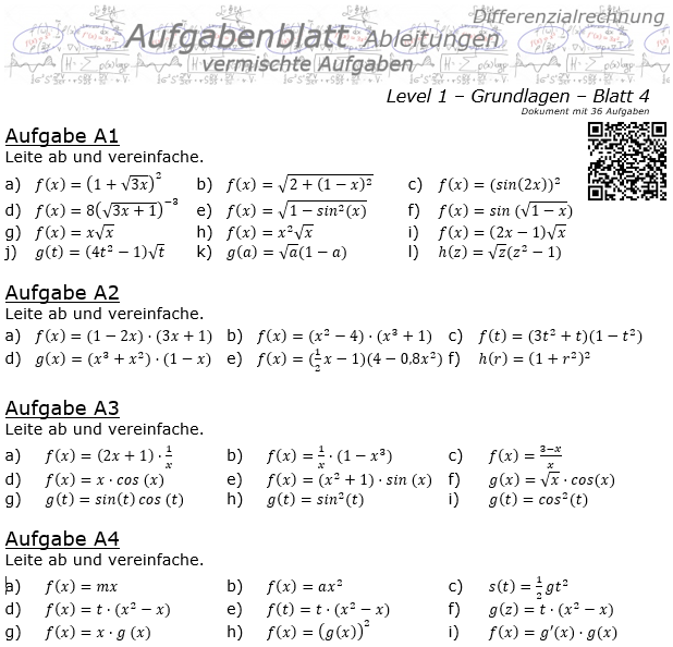 Ableitungen vermischte Aufgaben Aufgabenblatt Level 1 / Blatt 4 / © by Fit-in-Mathe-Online.de