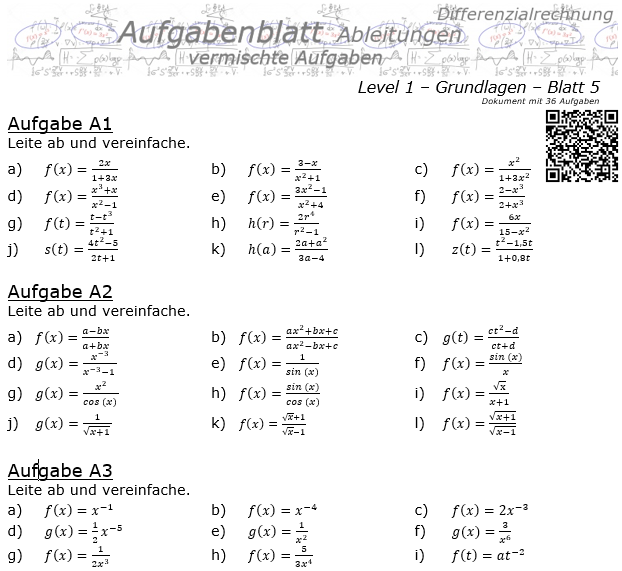 Ableitungen vermischte Aufgaben Aufgabenblatt Level 1 / Blatt 5 / © by Fit-in-Mathe-Online.de