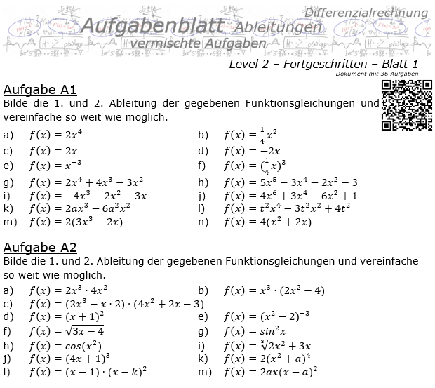 Ableitungen vermischte Aufgaben Aufgabenblatt Level 2 / Blatt 1 / © by Fit-in-Mathe-Online.de
