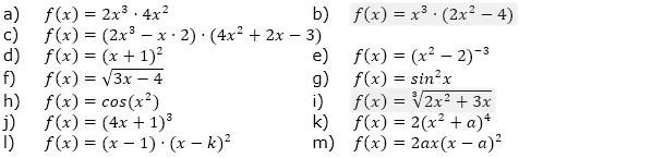 Bilde die 1. und 2. Ableitung der gegebenen Funktionsgleichungen und vereinfache so weit wie möglich. (Grafik A210201 im Aufgabensatz 2 Blatt 2/1 Fortgeschritten Ableitungen vermischte Aufgaben /© by www.fit-in-mathe-online.de)