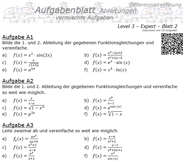 Ableitungen vermischte Aufgaben Aufgabenblatt Level 3 / Blatt 2 / © by Fit-in-Mathe-Online.de