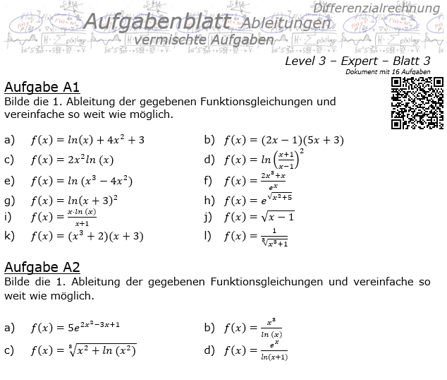 Ableitungen vermischte Aufgaben Aufgabenblatt Level 3 / Blatt 3 / © by Fit-in-Mathe-Online.de