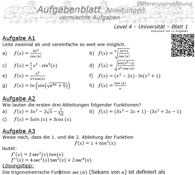 Ableitungen vermischte Aufgaben Aufgabenblatt Level 4 / Blatt 1 / © by Fit-in-Mathe-Online.de