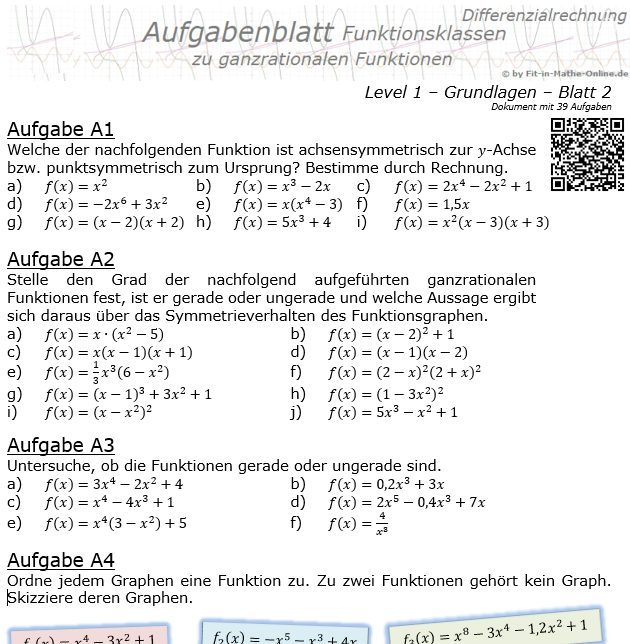 Ganzrationale Funktionen der Funktionsklassen Aufgabenblatt 1/2 / © by Fit-in-Mathe-Online.de