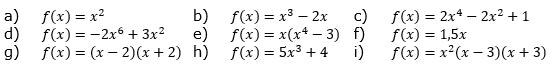 Welche der nachfolgenden Funktion ist achsensymmetrisch zur y-Achse bzw. punktsymmetrisch zum Ursprung? (Grafik A120101 im Aufgabensatz 1 Blatt 1/1 Grundlagen zu Ganzrationalen Funktionen in den Funktionsklassen /© by www.fit-in-mathe-online.de)