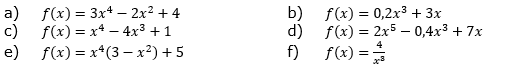 Untersuche, ob die Funktionen gerade oder ungerade sind. (Grafik A120301 im Aufgabensatz 1 Blatt 1/2 Grundlagen zu Ganzrationalen Funktionen in den Funktionsklassen /© by www.fit-in-mathe-online.de)