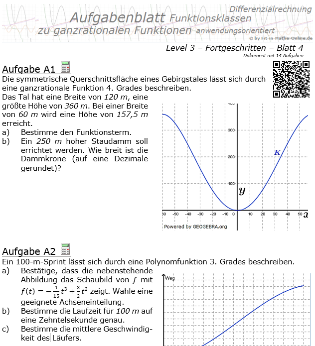 Ganzrationale Funktionen der Funktionsklassen Aufgabenblatt 3/4 / © by Fit-in-Mathe-Online.de