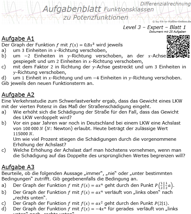Potenzfunktionen der Funktionsklassen Aufgabenblatt 3/1 / © by Fit-in-Mathe-Online.de