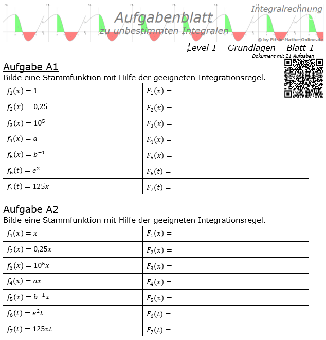 Integral und Stammfunktion Basisaufgaben Aufgabenblatt Level 1 / Blatt 1 / © by Fit-in-Mathe-Online.de