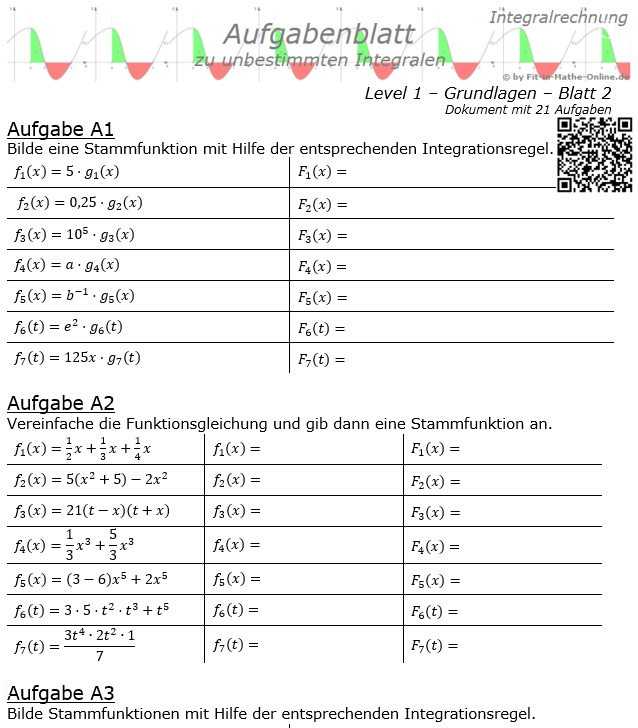 Integral und Stammfunktion Basisaufgaben Aufgabenblatt Level 1 / Blatt 2 / © by Fit-in-Mathe-Online.de