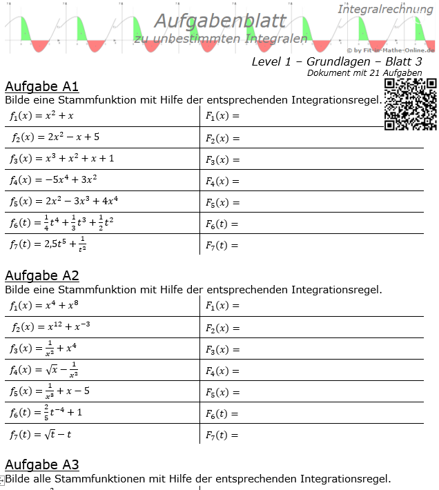 Integral und Stammfunktion Basisaufgaben Aufgabenblatt Level 1 / Blatt 3 / © by Fit-in-Mathe-Online.de